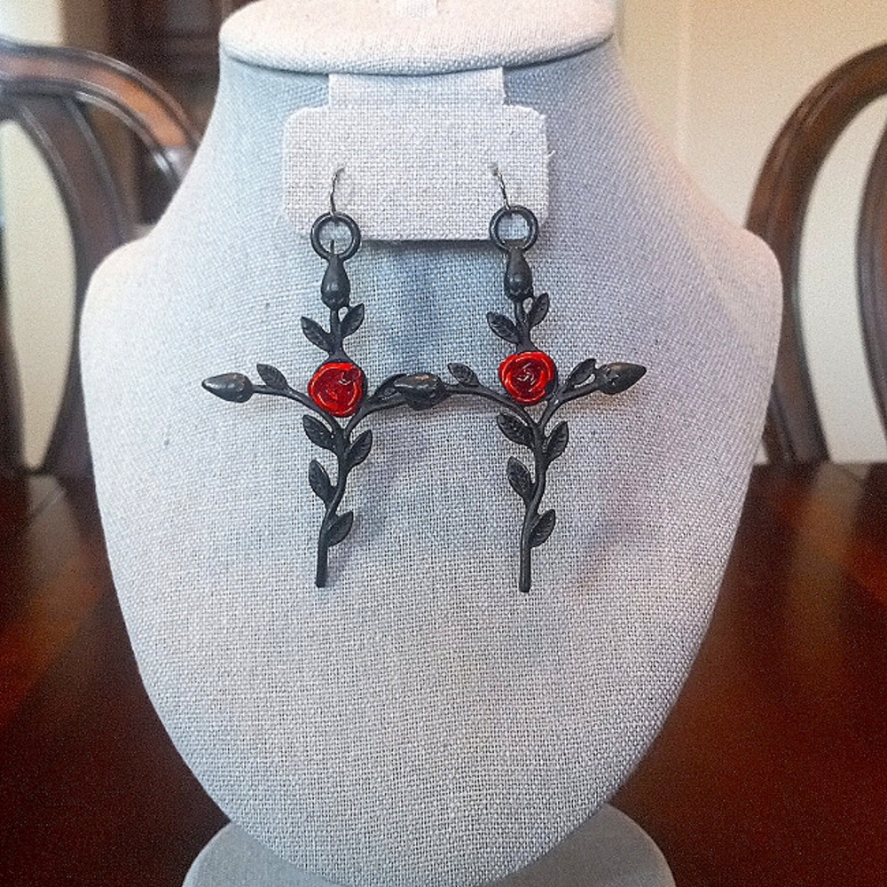 Gothic Cross Metal Dangle Earrings, Black Matte & Metallic Red